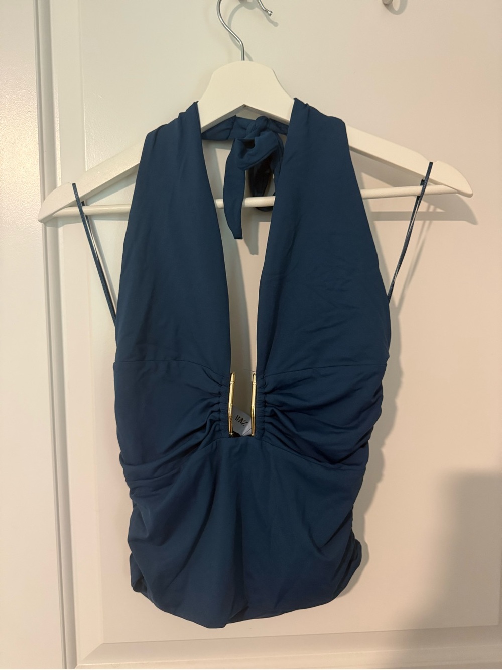 Teal Halter V-Neck Ruched Tank Top